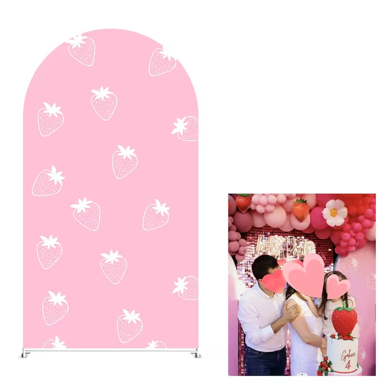 Mehofond Custom Strawberry First Birthday Arch Cover Backdrop Pink Girl Berry Daisy Chaira Elastic Arched Background Photocall