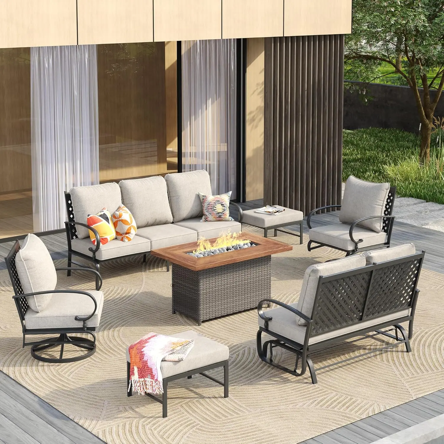 

7pc Patio Set Rattan Firepit Table Cushioned Ottomans 3-seat Sofa 2 Swivel Chairs Loveseat Garden, Customized