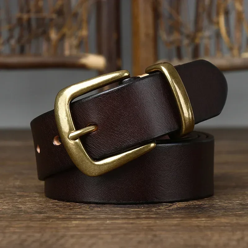 3.3CM Thick Pure Cowhide Copper Buckle Genuine Leather Casual Jeans Belt Men High Quality Retro Luxury Brand Male Strap Cintos