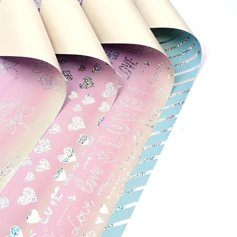 Gradient Rainbow Laser Silvery Glitter Gift Wrapping Paper Roll, Romantic Rose Heart 