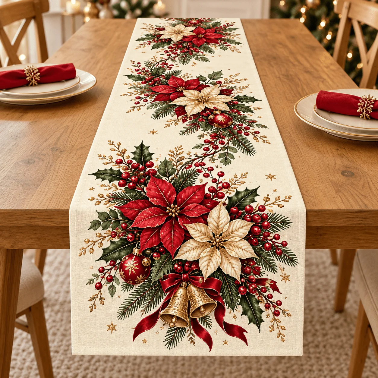 1 table flag, linen Christmas table flag, red and gold Christmas flower, gold bell ribbon and pine branch red fruit print