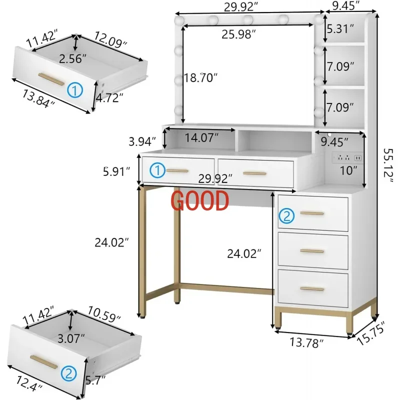 Vanity Desk with Lighted Mirror;Power Outlet,Makeup Table with 5 Drawers,Two Cubby;Shelf, Vanity Dresser in 3 Lighting Colors