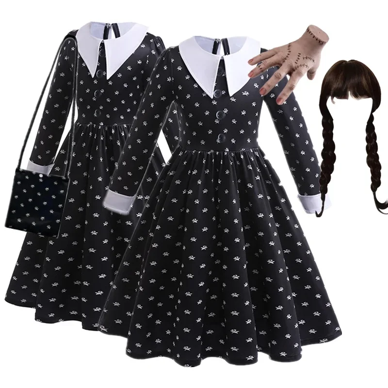 Wednesday Addam Cosplay Girl Costume Long Sleeve Fantasy Spring Autumn Party Dresses Halloween Carnival Costume for Kids 4-12Yrs