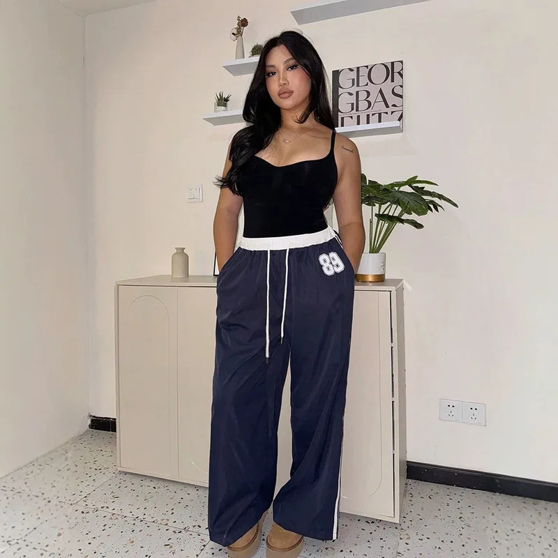 1 Pair Women Casual Trousers, Trendy Street Style, Printed Color-Blocked Design, High Waist Straight-Leg Long Pants, For Spring