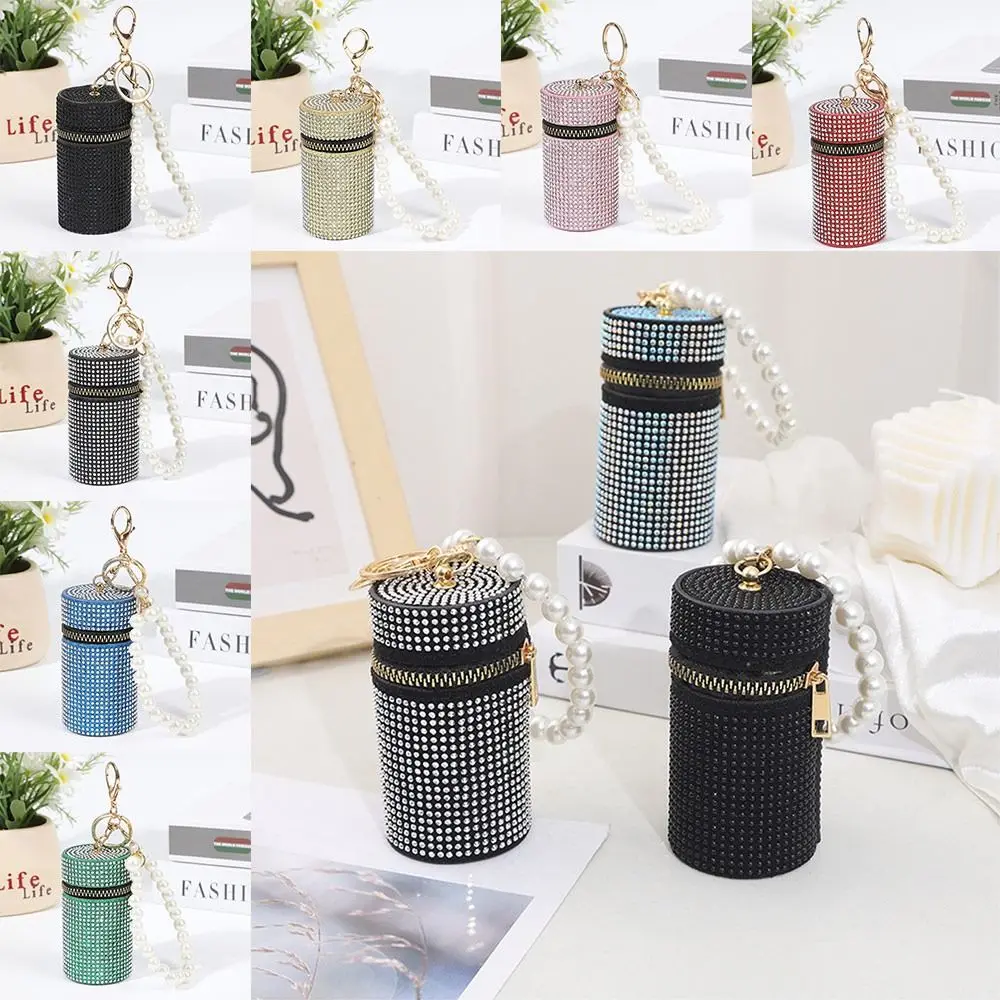 New Cylindrical Stylish Mini Rhinestone PU Lipstick Bag Women Fashion Simple Portable Zipper Coin Purse Coin Bag with Keychain