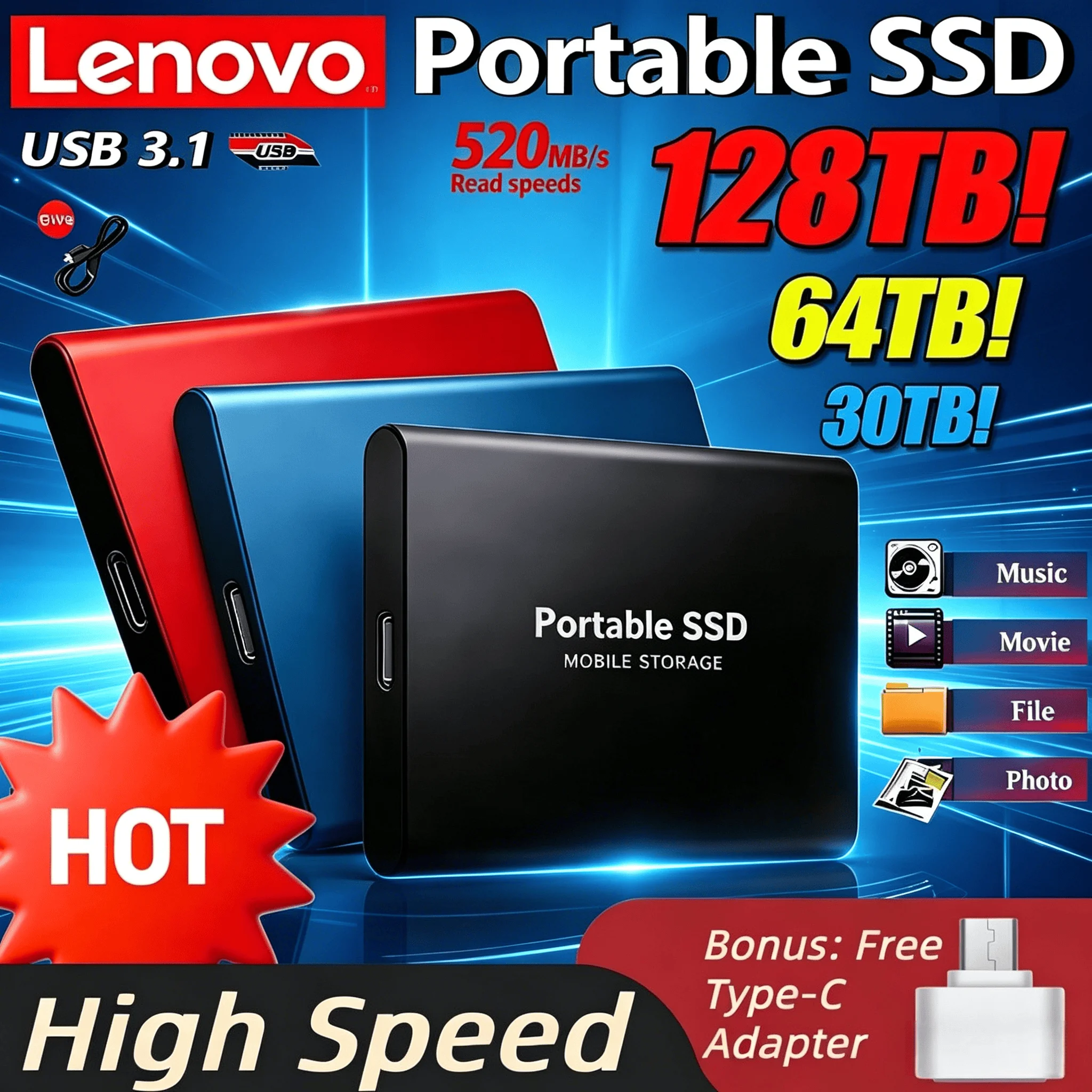 

Высокоскоростной портативный внешний SSD-накопитель Lenovo T5 2 ТБ 4 ТБ USB 3.1, оригинальный миниатюрный твердотельный накопитель большой емкости, флеш-диск USB