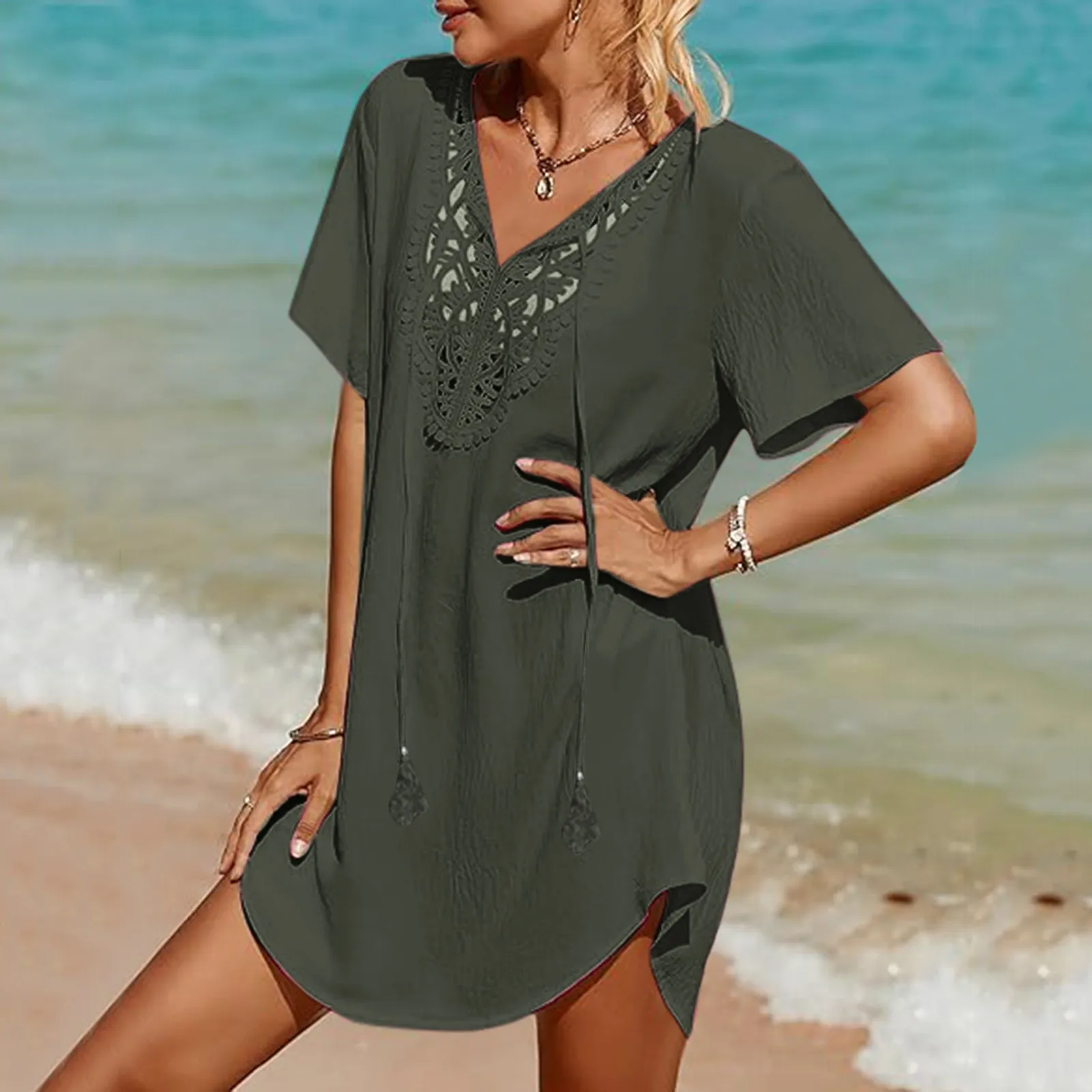 Damski strój kąpielowy Coverup Lace Crochet V Neck Strój kąpielowy Cover Up Dress Beach Cover Ups For stroje kąpielowe Kobiety Bikini 2024 Gorąca