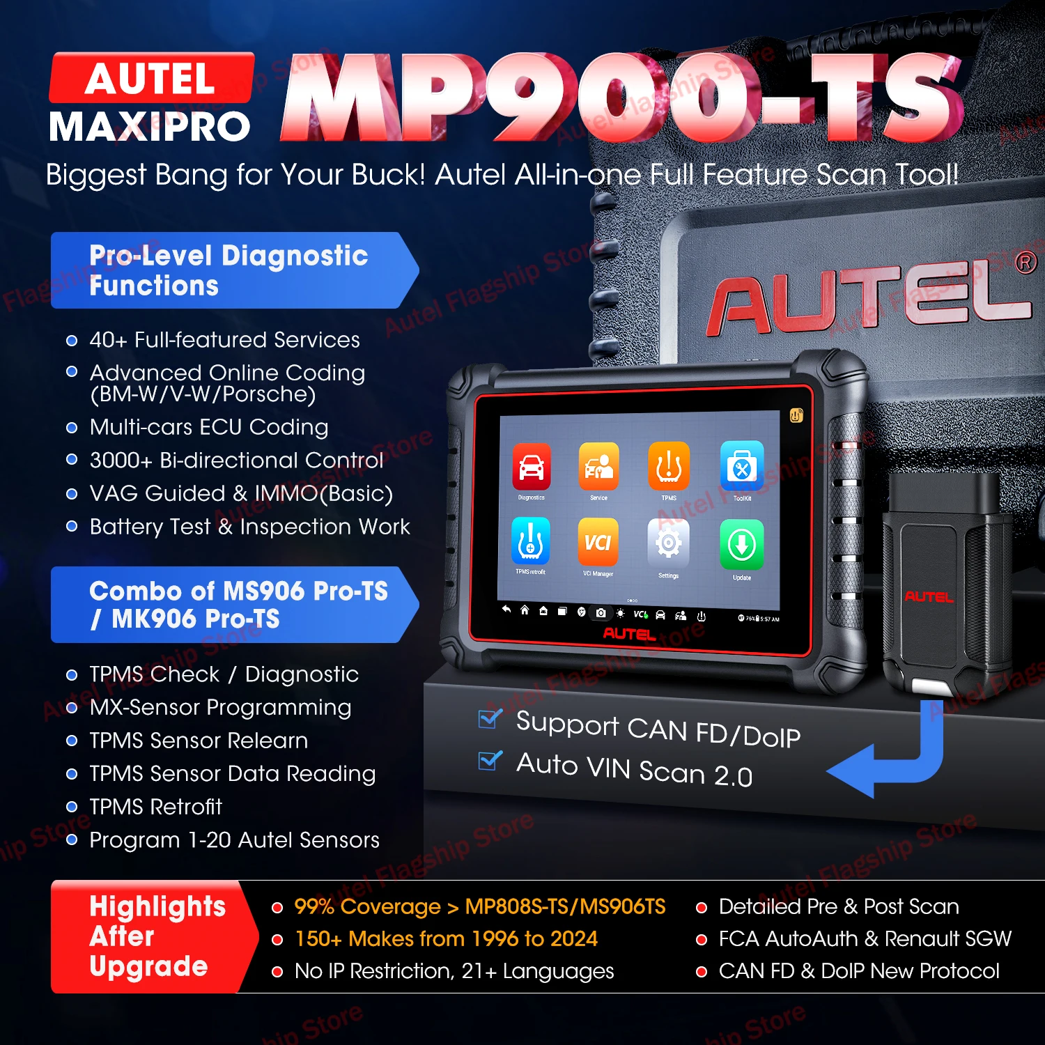 Autel MaxiPRO MP900-TS Auto TPMS Diagnostic Tools Car OBD2 Scanner Programming ECU Coding Active Test CAN FD/DoIP PK MP808BT