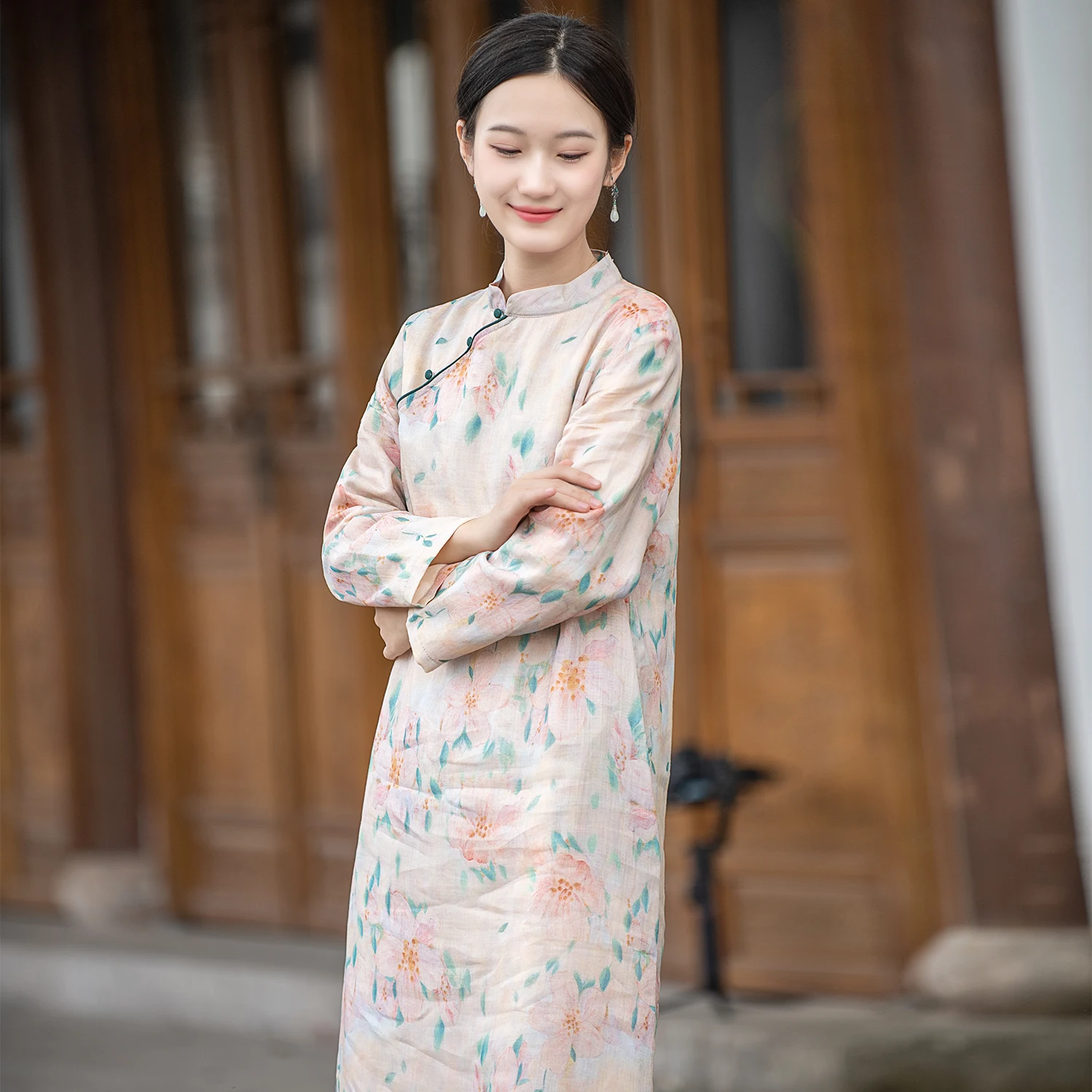 

Thiened Linen Mid-Length Dr Chinese Sle Crystal Velvet Warm Women's Print Cotton Robe Cotton Coat Long Sve Winter D...