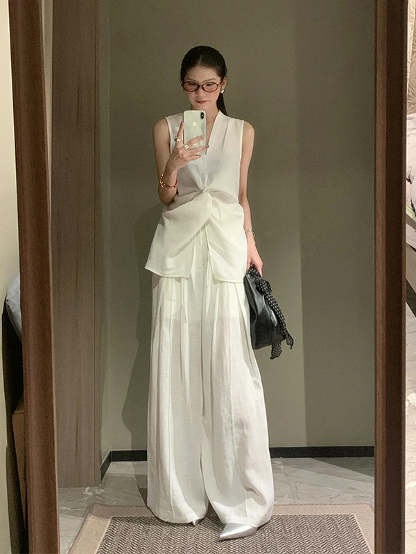 Fashionable Knot Neckline Sleeveless Women's Set Summer High-End Slimming Top Casual Wide Leg Pants Two-Piece Ensemble