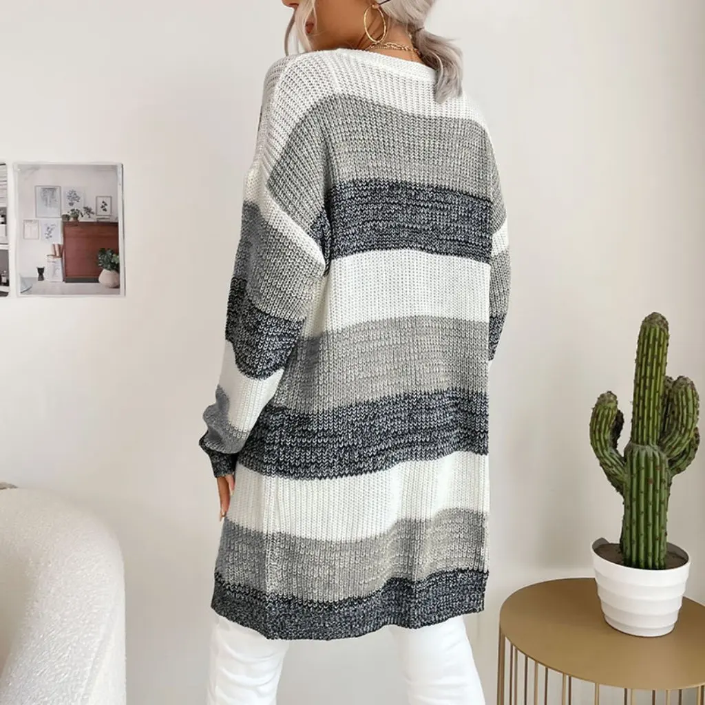 

Women's Mid-Length Knitted Cardigan Early Autumn Japanese Striped Color-Matching Sweater Jacket for