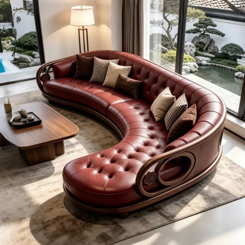 Black walnut sofa, multi-person solid wood curved high-end atmospheric living room villa