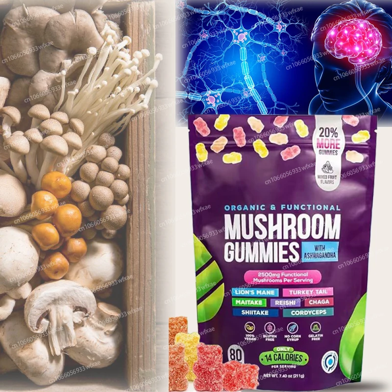 

Жевательные конфеты с ашвагандой и грибом львиная грива для здоровья нервов, улучшения памяти и работы мозга, антиоксидант