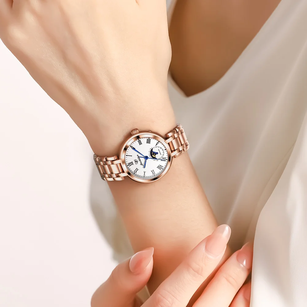 JSDUN 8981 Original Luxury Automatic Watches for Women Waterproof Rose Gold Steel Bracelet Ladies Elegant Mechanical Wristwatch