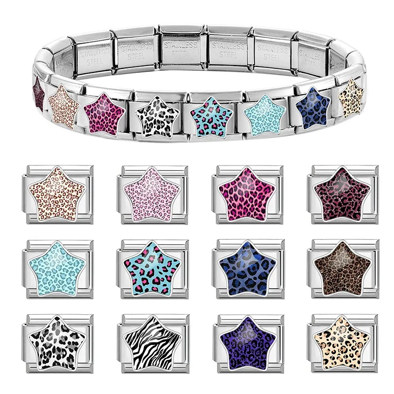 Wholesale Fashion Stars Shape Leopard Print Italian Charm Links Fit 9mm Stainless Steel Bracelet Jewelry DIY Making Beads Gift