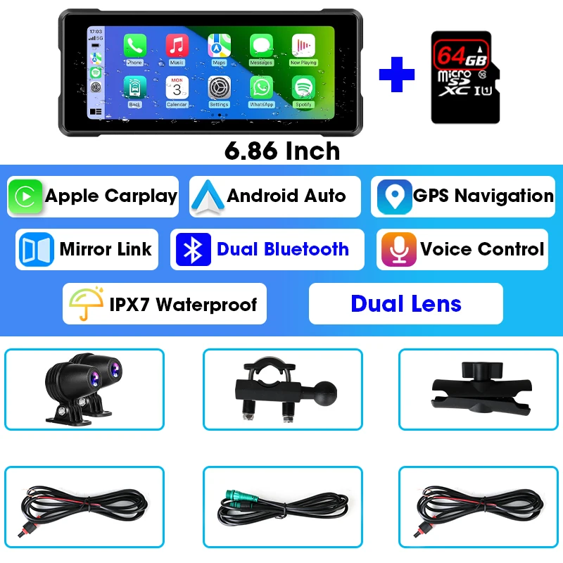 JMCQ 6.86 ''Motorfiets DVR GPS Navigatie Draadloze Carplay Android Auto Dash Cam IP67 Waterdichte Dual Bluetooth Moto Monitor