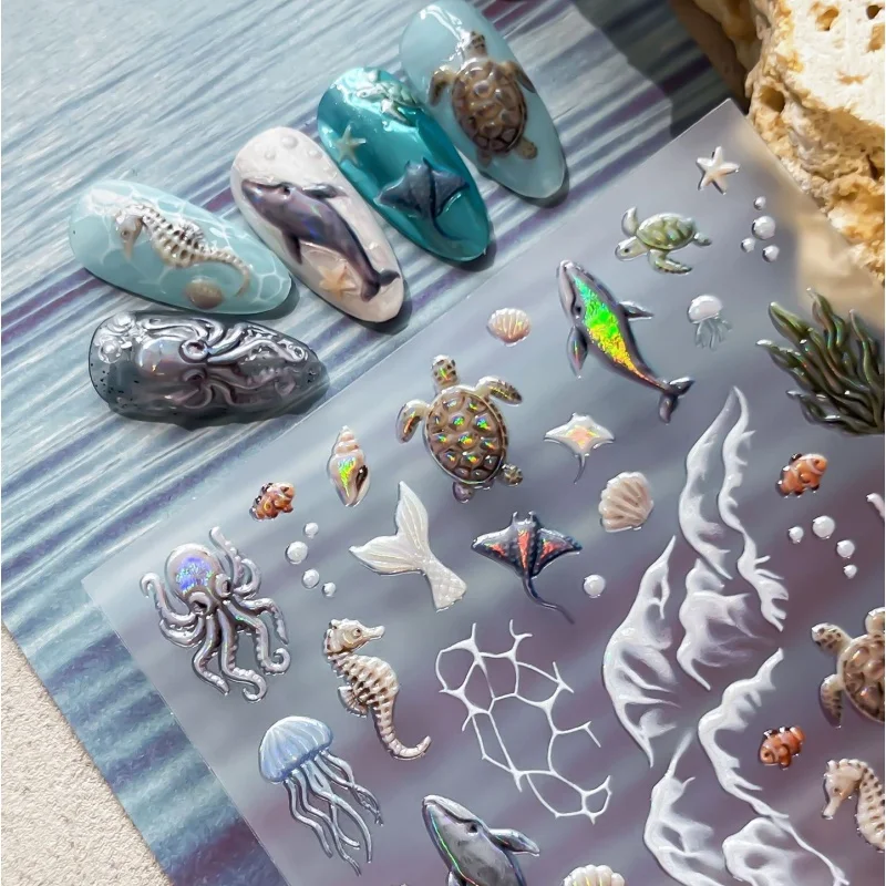 Cute Ocean Themed Nail Stickers Seahorse Jellyfish Shell Patterns Self-adhesive 3D Nail Stickers DIY Nail Art Decoration Supply