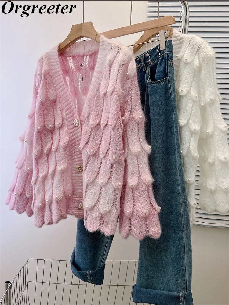 Chic Design Sweet Pink Sweater Jacket Women Streetwear Jacquard Beaded V-neck Knitted Cardigan Outerwear Tops