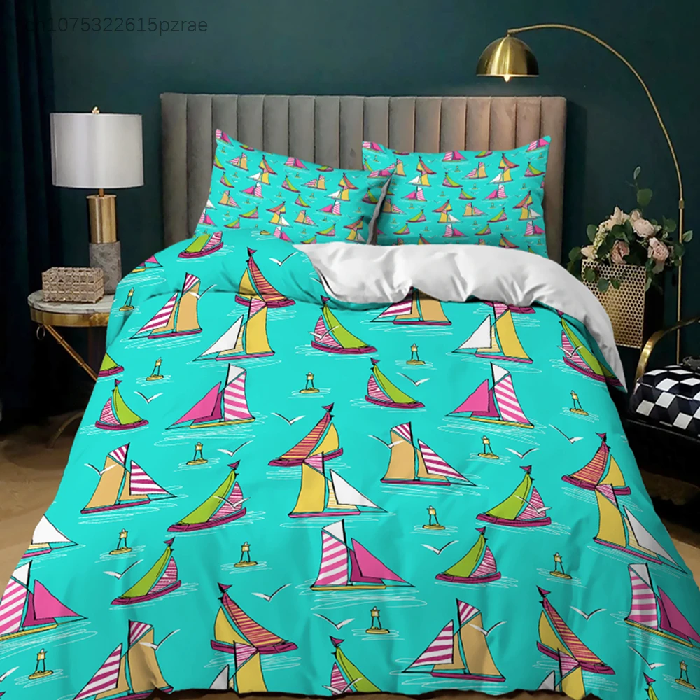 Nautical Boat Sail Sea Blue Duvet Cover Bedding Set Comforter Linen Pillowcases For Kids Adults Single Double King Queen