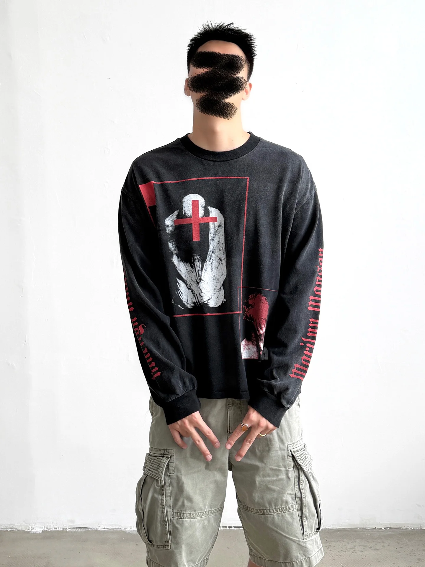 Streetwear Marilyn Manson Collaborative Washed Loose Long Sleeve T-Shirt Men's Casual Breathable Cotton Printed T-Shirt