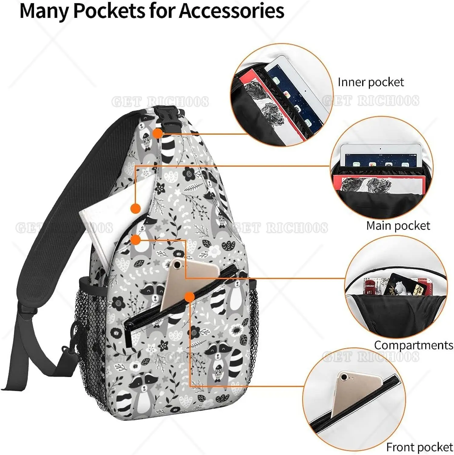 Cartoon Animals Mochila Crossbody Sling para Homens e Mulheres, Bolsa Peito Leve, Bolsa de Ombro, Guaxinim, Viagem, One Strap