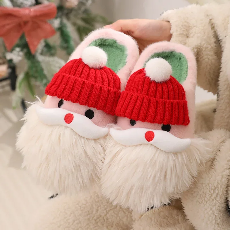 Cute Santa Claus Cotton Slippers Women Winter Warm Shoes Soft Plush Girls Indoor Home Floor Slides Funny Christmas Party Gift