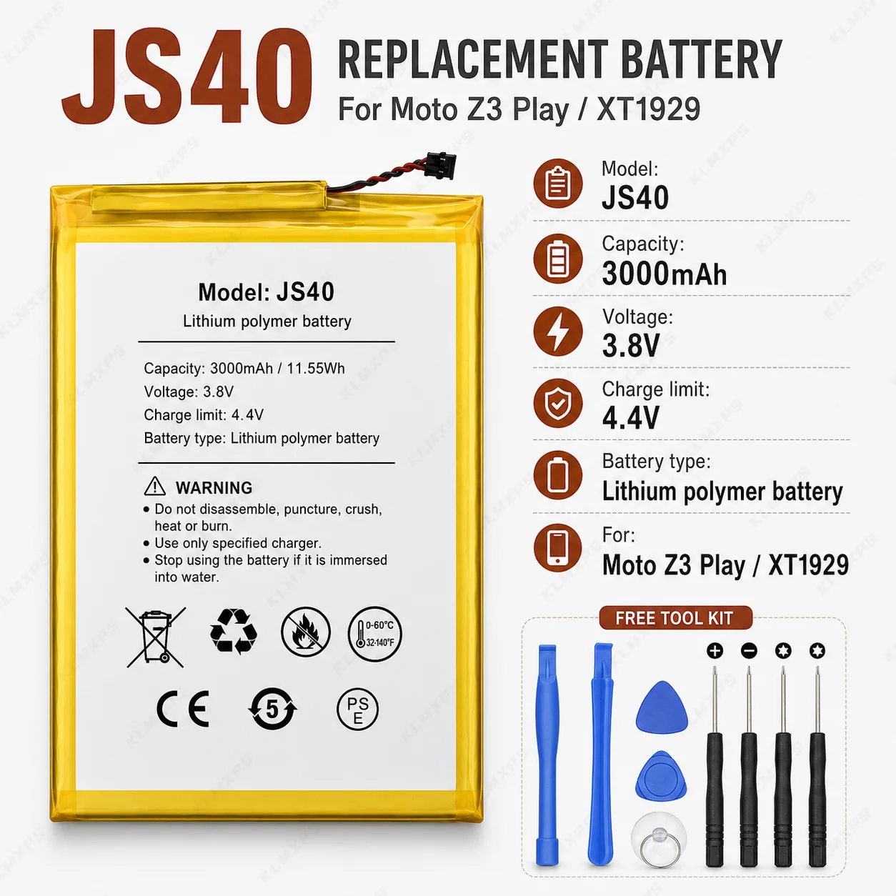 Replacement JS40 3000mAh Phone Battery with Tools for Motorola Moto Z3 Play XT1929-1 XT1929-4 XT1929-5 XT1929-6 XT1929-8