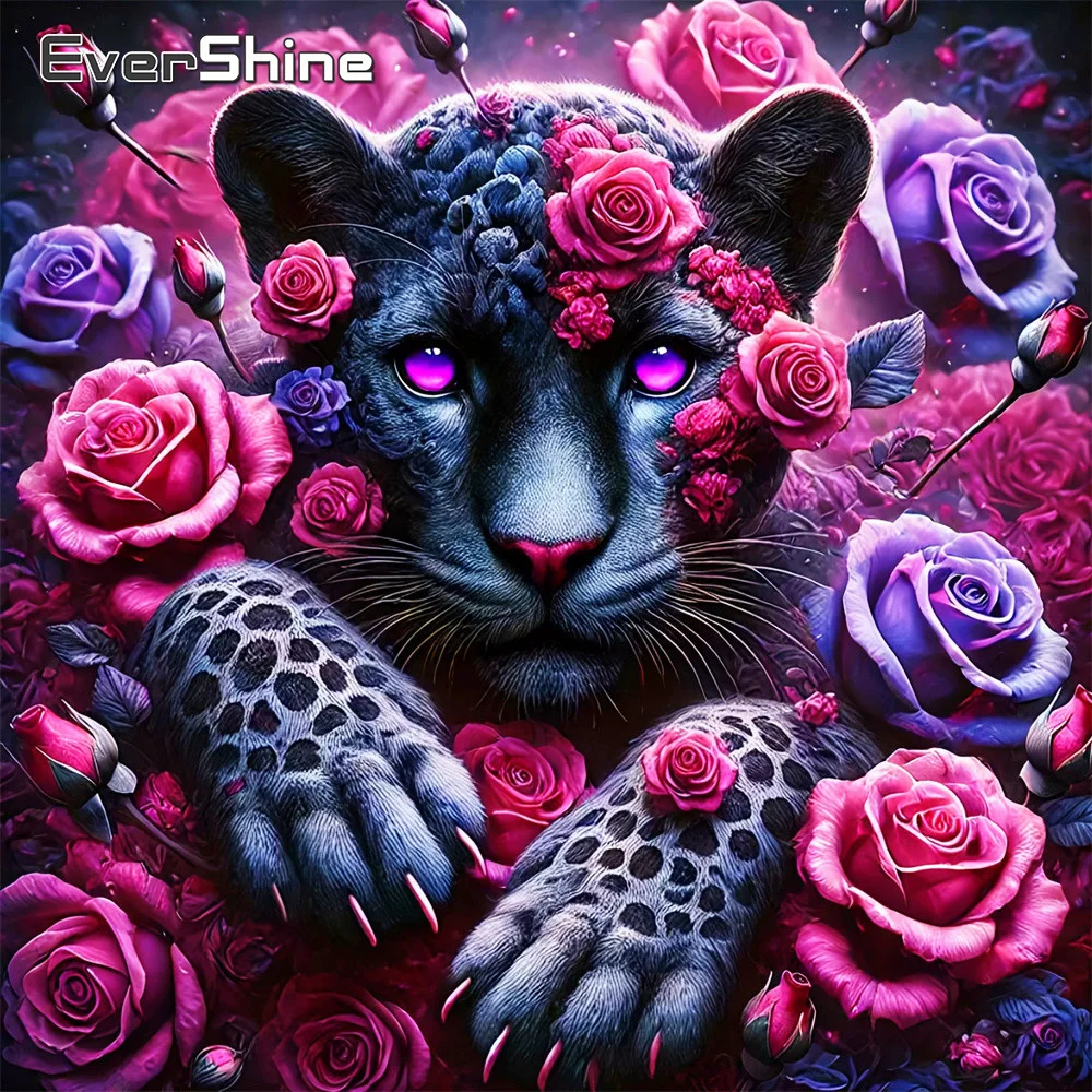 Evershine Diamant-Gemälde, Leopardenbild, Strass-Stickerei, Tier-Mosaik, Rosenblumen-Dekor für Zuhause