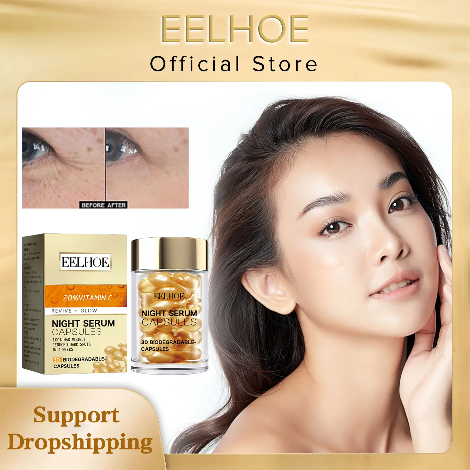 EELHOE Vitamin C Anti Aging Capsules Firming Wrinkle Removal Tightening Moisturizing Freckles Whitening Remove Dark Spots Serum