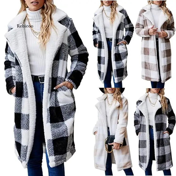 European and American plush women's coat 2022 new Amazon quick sell long sleeve plaid comfortable plush long coat