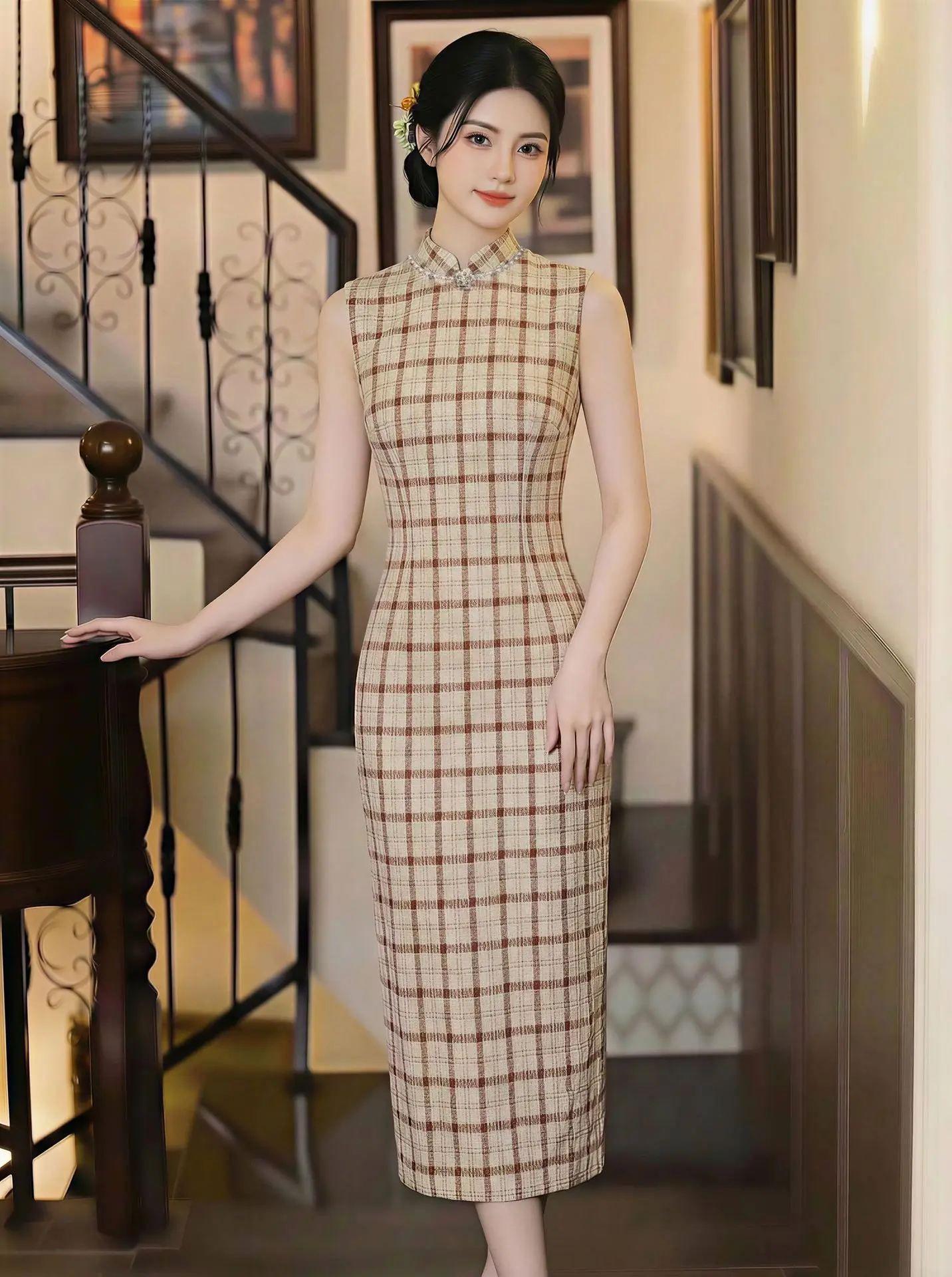 qipao-elegant-d'ete-sans-manches-a-carreaux-de-style-chinois-pour-femme-vetements-vintage-cheongsam