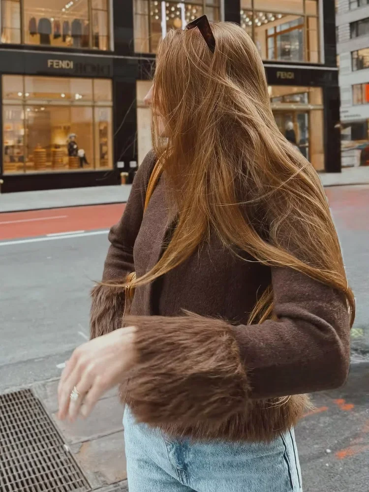 2025 Winter Büro Pendeln Täglichen Outwear Dame Pelz Patchwork Strickjacke Mode V-ausschnitt Einreiher Lose Kurze Pullover