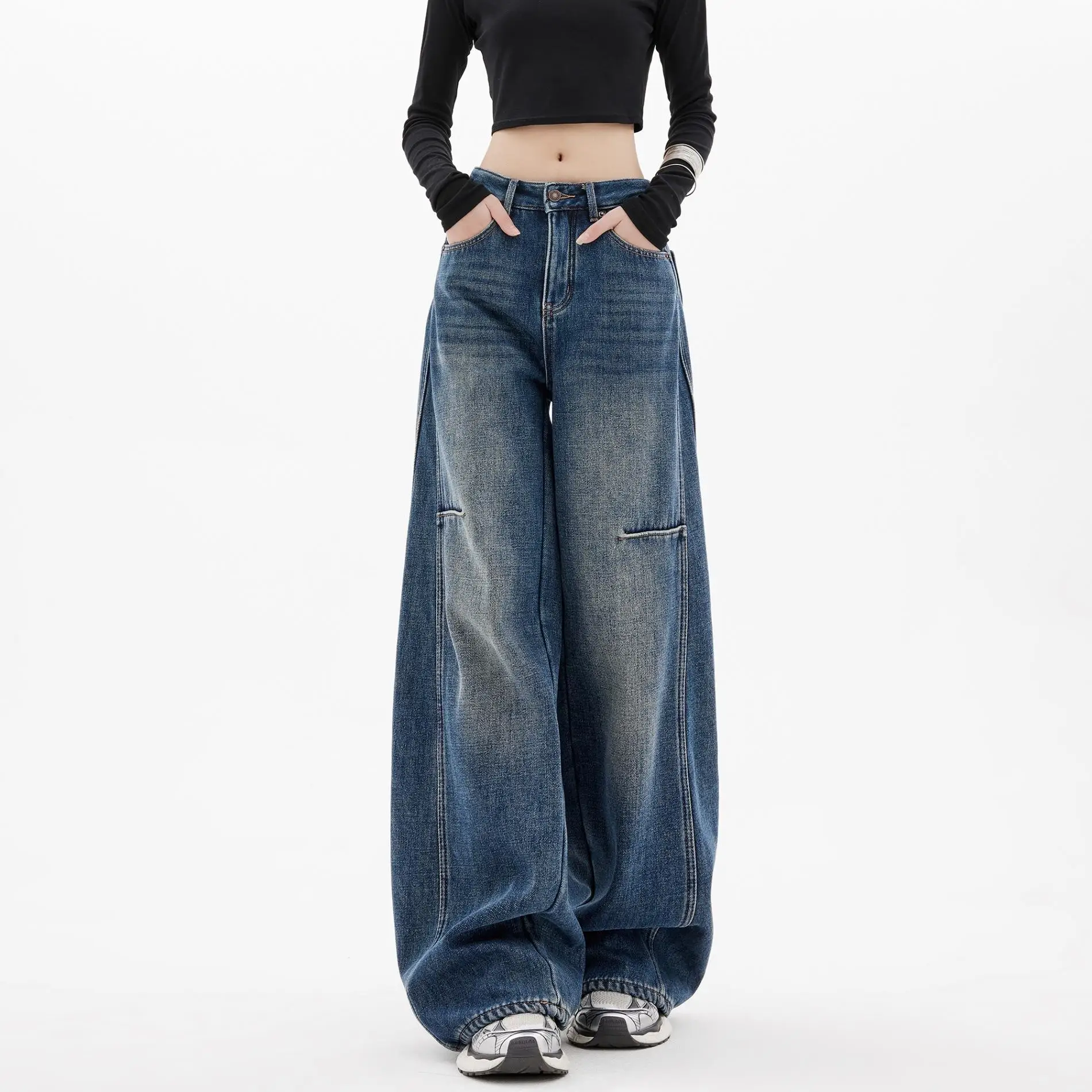 

American Style Vintage Wide Leg Knife Jeans Women Summer Loose Slimming Floor Length Scythe Pants Casual High Waist Cotton