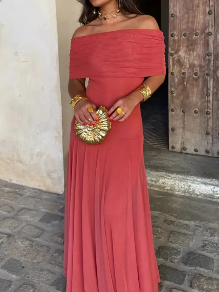 Women Diagonal Collar Summer Solid Long Dress Female Sleeveless Backless Pleated Party Dress 2023 Casual Streetwear Maxi Dresses