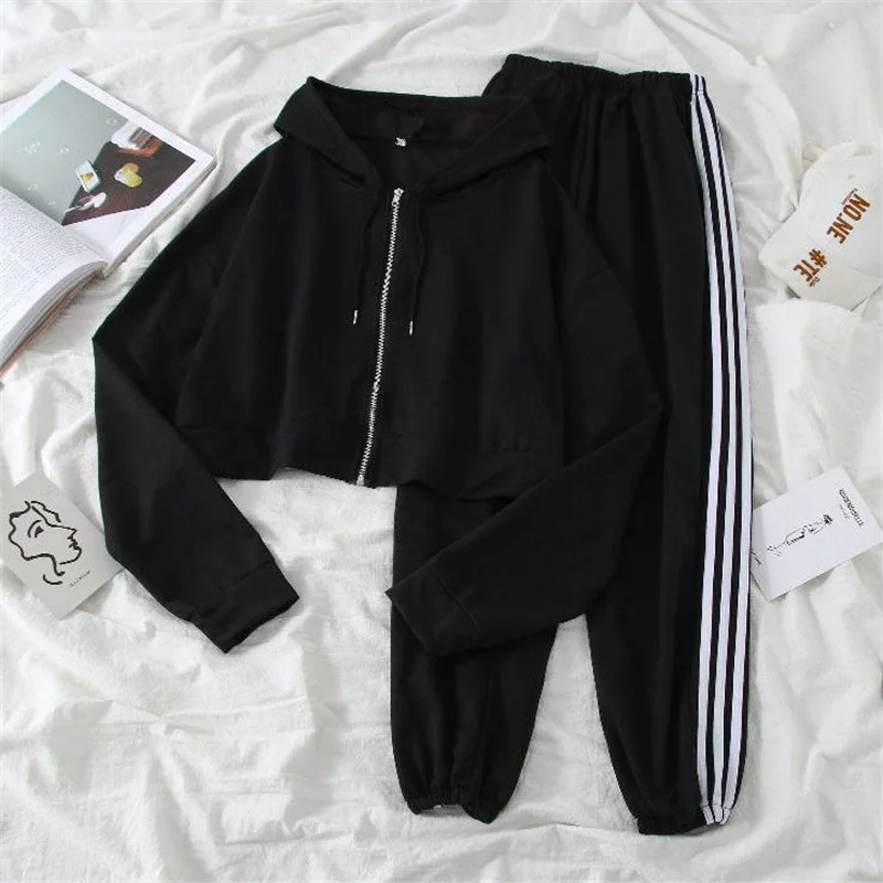 Autumn New Striped Patchwork Gray Hooded Jacket Leg Tied Pants Two-piece Set Elegant Women's Pants Set Sports Outfits Tracksuits