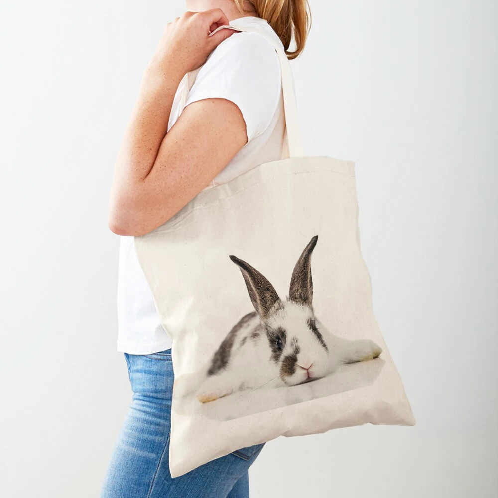 Bolso de compras informal con estampado de conejo para mujer, bolso de mano de viaje con estampado de ambos lados, de lona reutilizable, a la moda, con animales salvajes