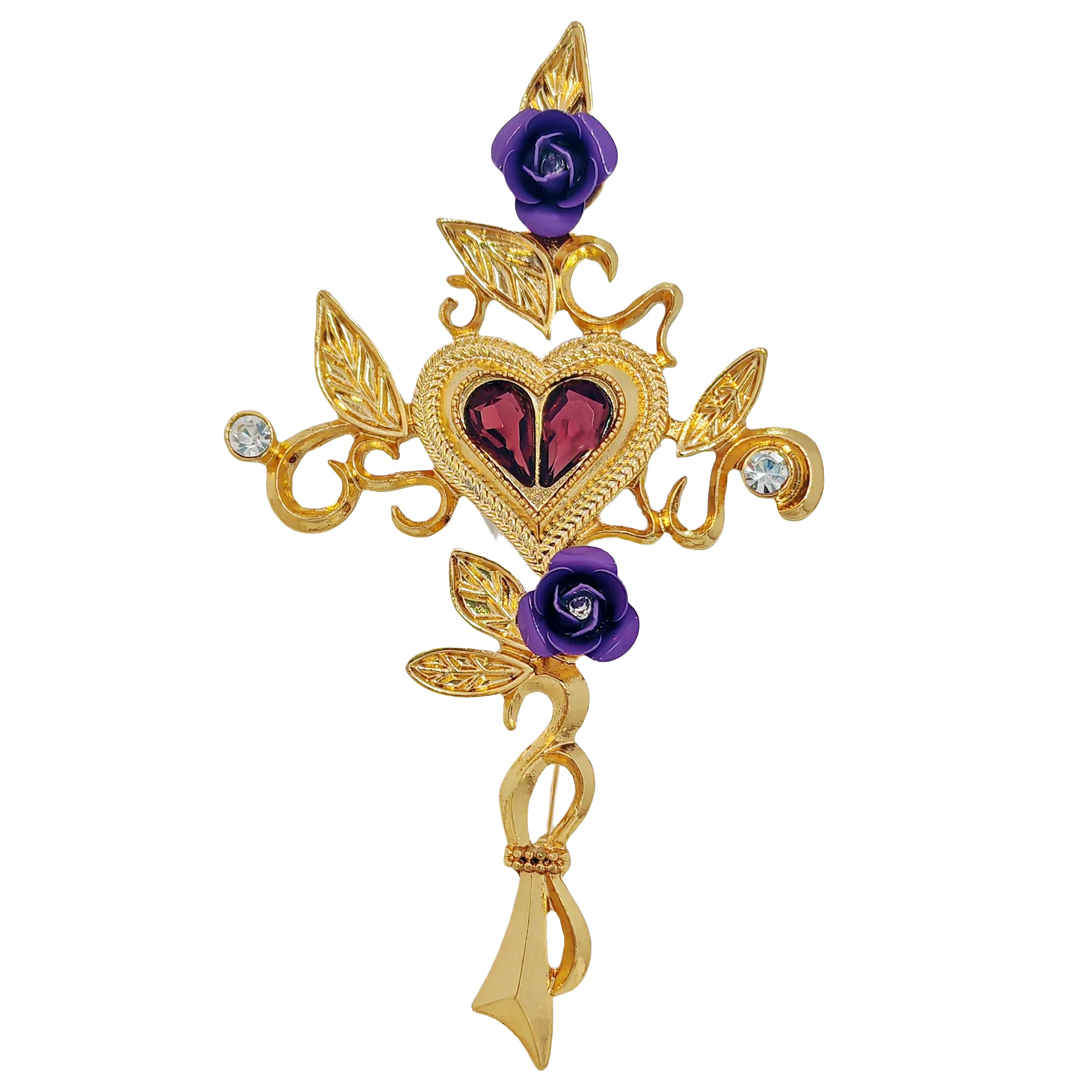 

Vintage Mystical Rose Vine Cross Brooch with Heart Center, Purple Roses