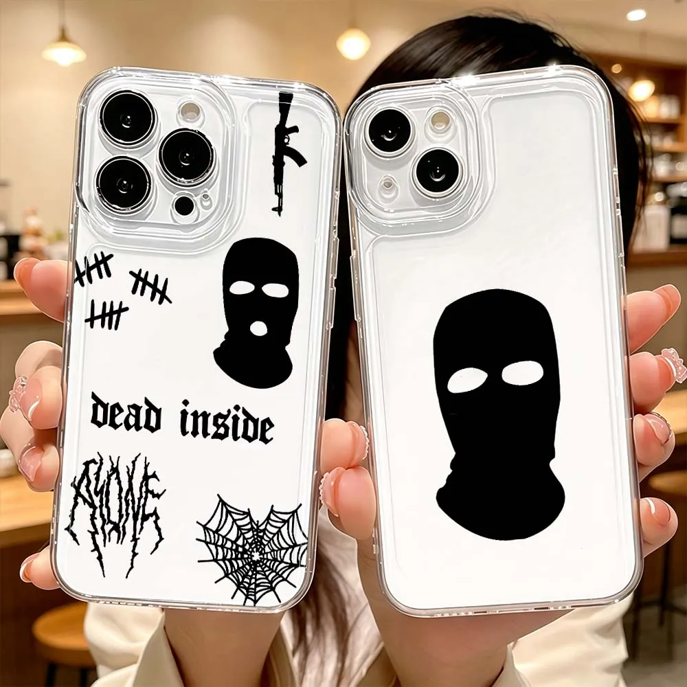 Funda protectora transparente para teléfono con diseño de máscara de balaclava negra para Apple iPhone 17 Air 16 15 14 13 12 11 Pro Plus Max
