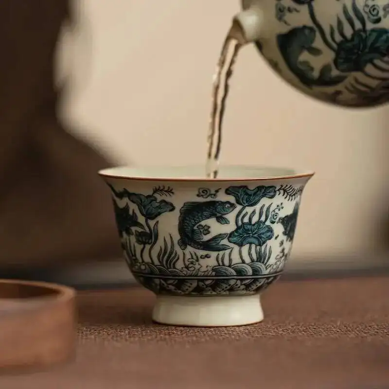 Imitation Song Ru Kiln Fish and Algae Pattern Tea Cup Ceramic Kung Fu Teacup Tasting Cup Master Cup Single Cup