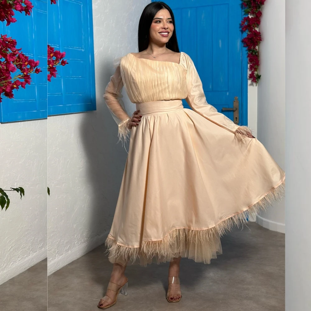 Customized  Ball    Charmeuse Feather Cocktail Party A-line Square Neck Bespoke Occasion Gown Midi Es