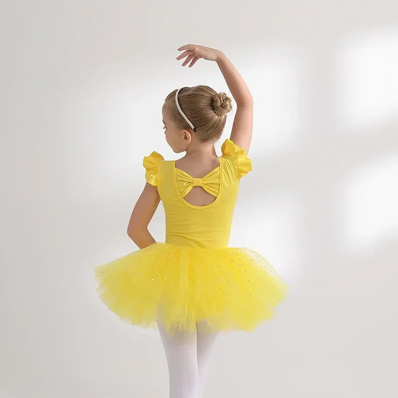 

Ballet Dress Gymnastics Leotards for Girls Kids Puff Sleeve Ballet Dancewear Chiffon Tutu Skirts Kids Bowknot Dance Leotards