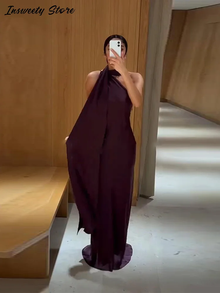 Seksowna satynowa sukienka na ramiączkach, damska, bez rękawów, z odkrytymi plecami, dopasowana, długa do podłogi, nowa kolekcja wiosna 2026, elegancka suknia wieczorowa.