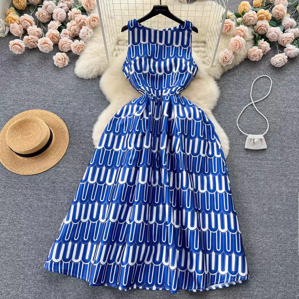

Runway Designer Floral Print Tank Party Dress for Women Summer O Neck Sleeveless Vintage Midi Dress Elegant A-Line Vestidos