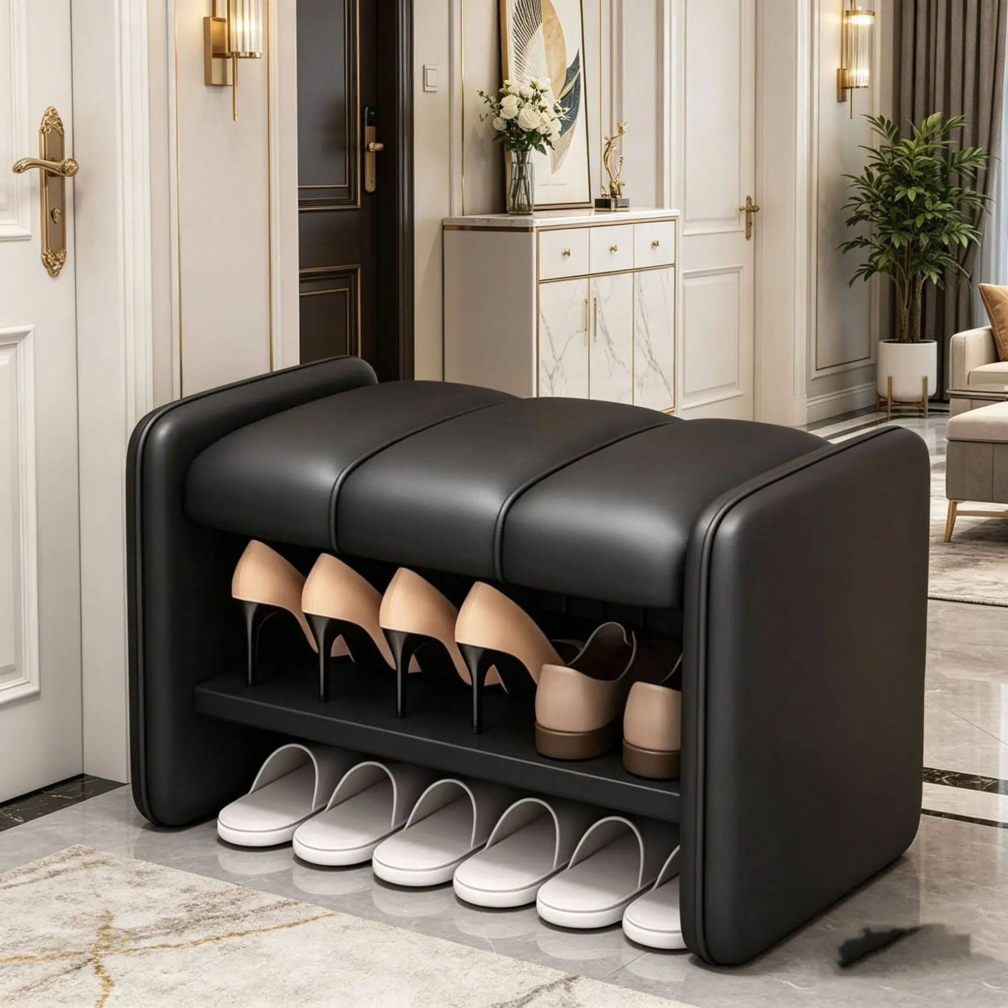 wood shoe Solid bench for home use, a simple and modern, light luxury design, with a genuine leather seat, perfect for placing