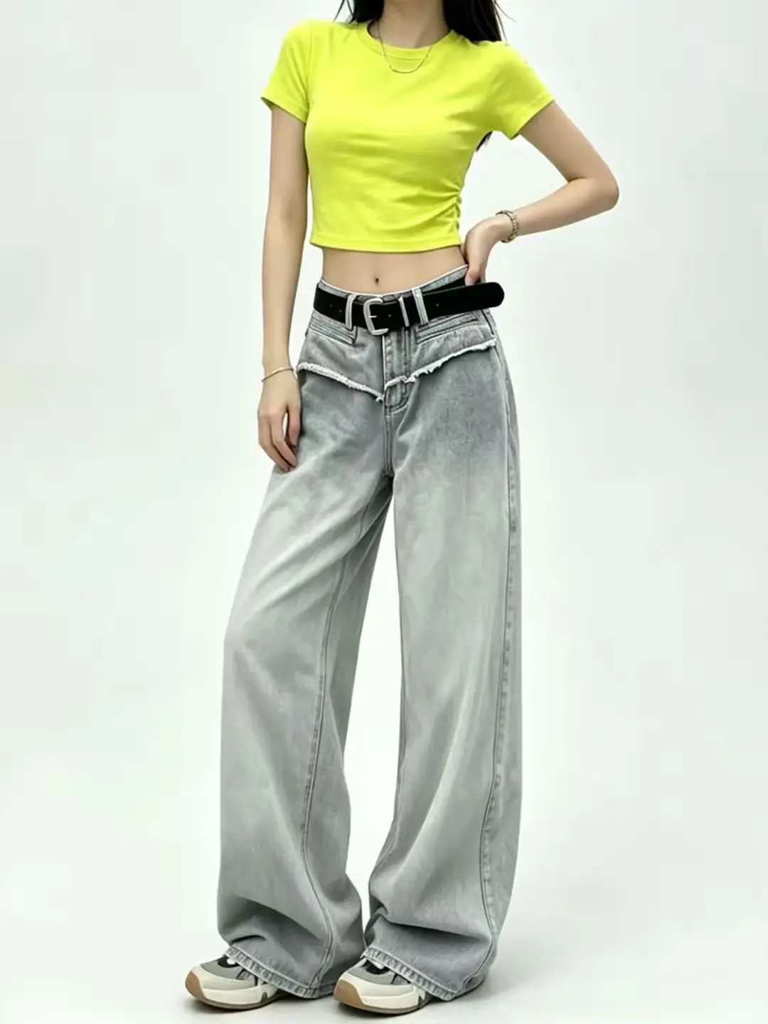Grey Washed High Waist Straight Wide Leg Jeans Women Retro Loose Slim Fit Casual Streetwear Pants