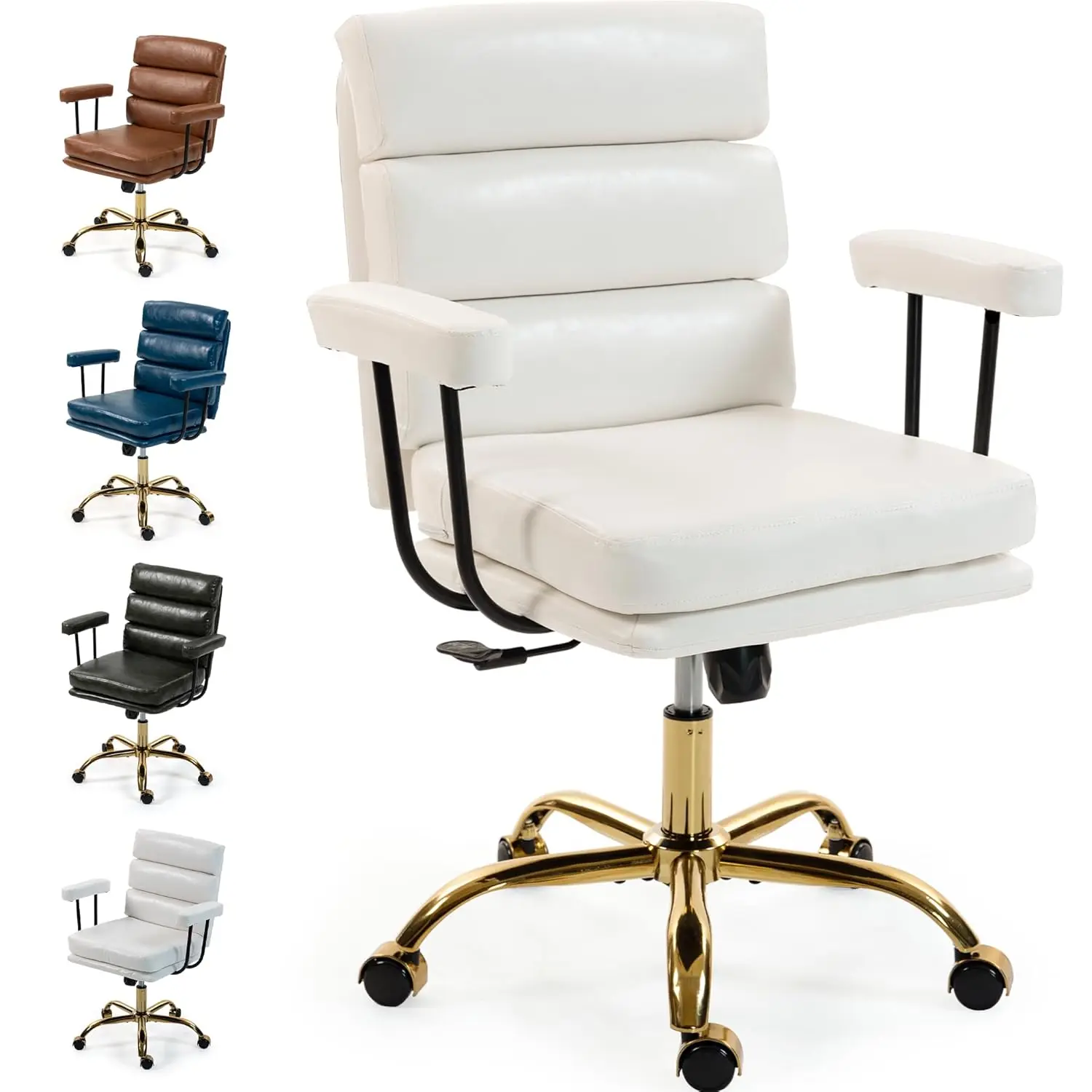 

Кресло для офиса/туалетного столика из искусственной кожи, с золотым основанием, на колесиках, с мягким сиденьем, подлокотниками, регулируемой высотой, поворотное, белое, на заказ