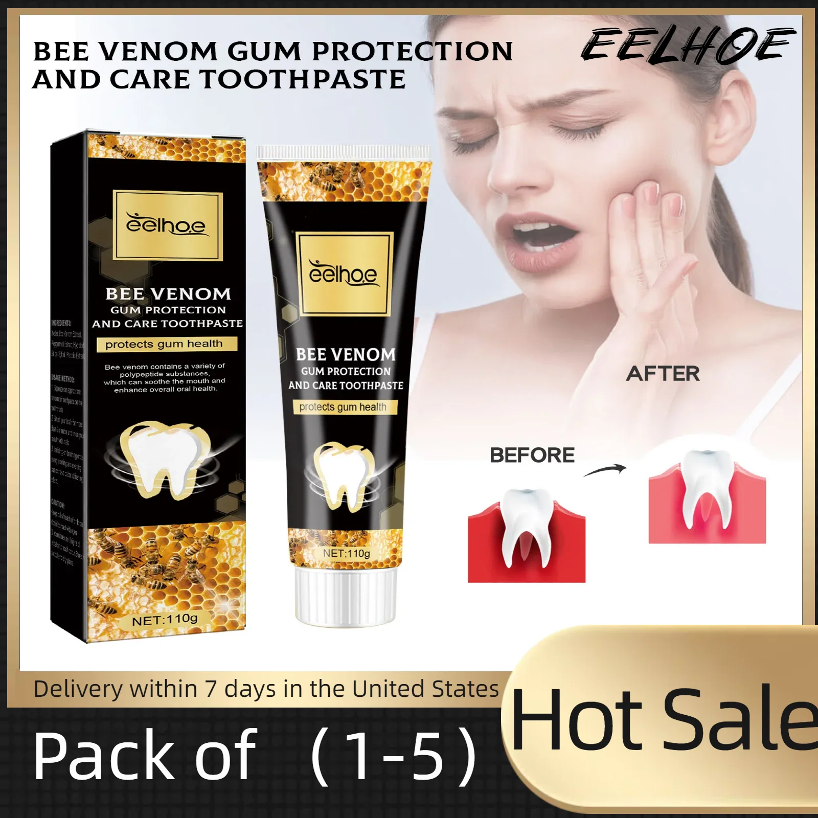 5pcs Bee Venom Gum Protection Toothpaste Whitening Toothpaste Tooth Cleaner Remove Yellow Teeth Remover Fresh Breath Dental Care