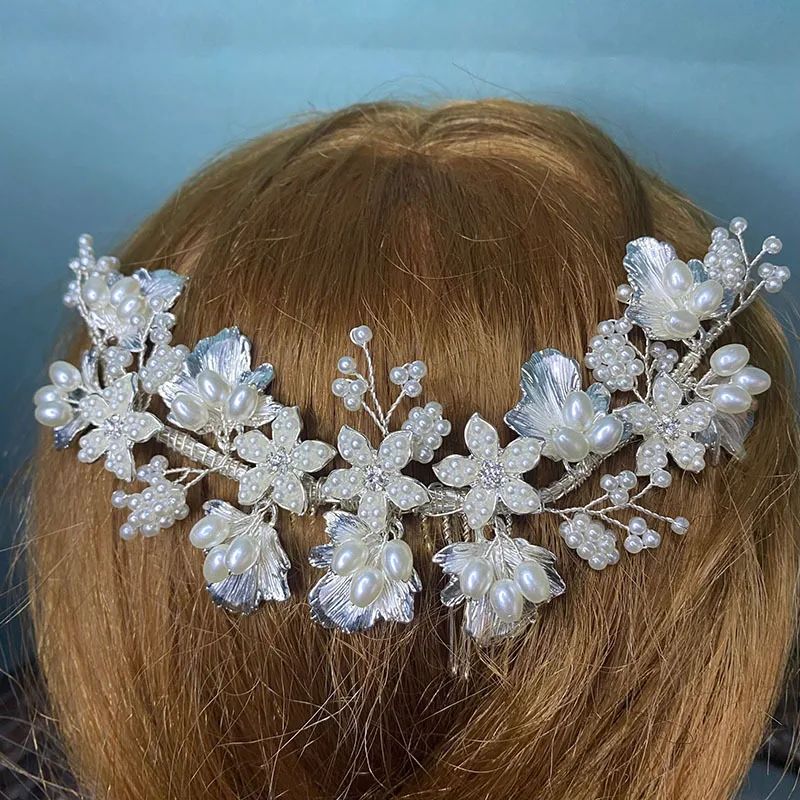 SLBRIDAL Handmade Ins Style Alloy Flower Leaf Rhinestones Crystal Pearls Bridal Hair Comb Wedding Hair Accessories Women Jewelry