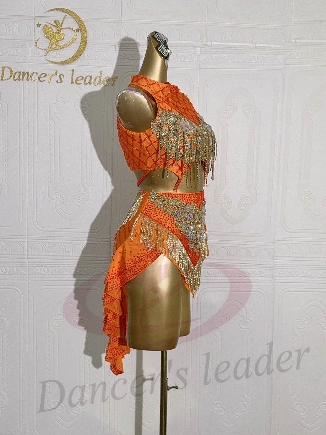 Robe de danse latine en pierre AB pour femmes et enfants, haut de gamme, personnalisée, creuse, fleur dorée, noire, robe de spectacle de piscine Samba