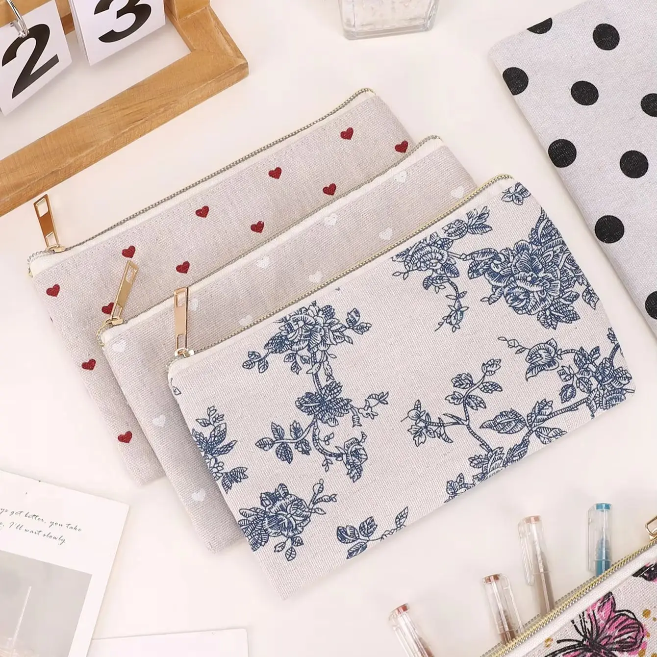 Flat Linen Canvas Pencil Case, Simple Heart Floral Butterfly Polka Dot Print Zipper Pouch, Multi Functional Portable For Student